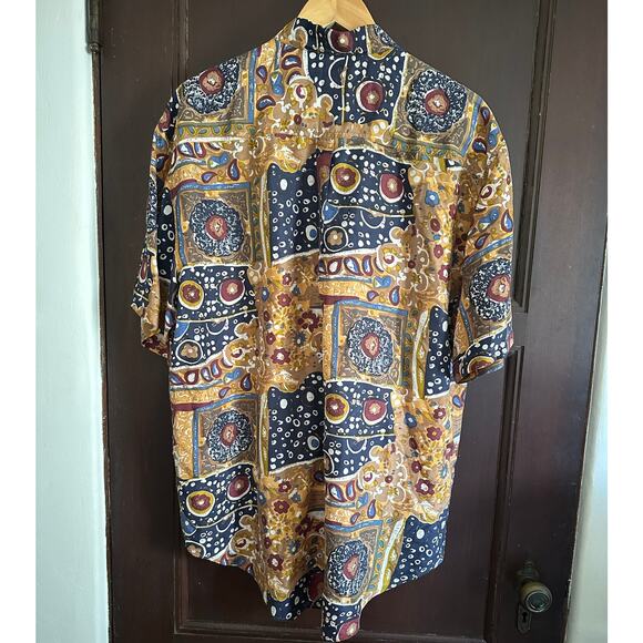JANE ASHLEY | Blue and Tan 90s Vintage Silk Oversized Printed Blouse | Medium - Picture 2 of 4
